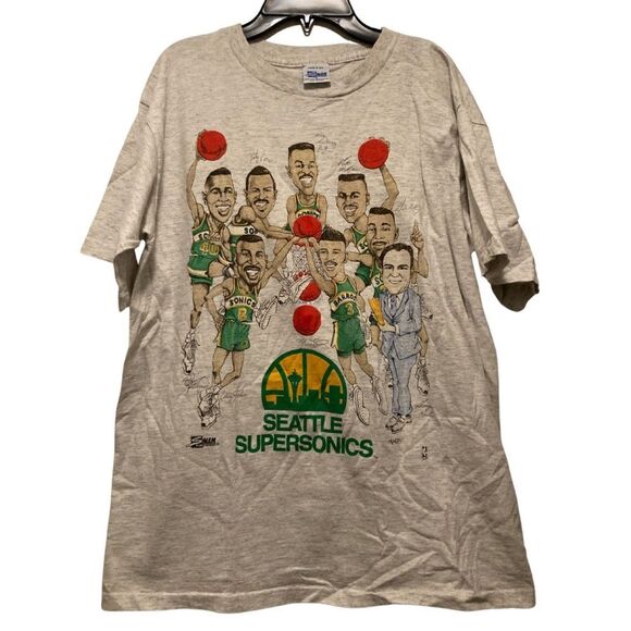 Vintage 90s Seattle Super Sonics Caricature / Fat Head NBA Single Stitch T-Shirt - Picture 1 of 6